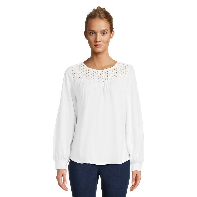 Time and Tru Women's Eyelet Top with Long Sleeves, Sizes XS-XXXL | Walmart (US)