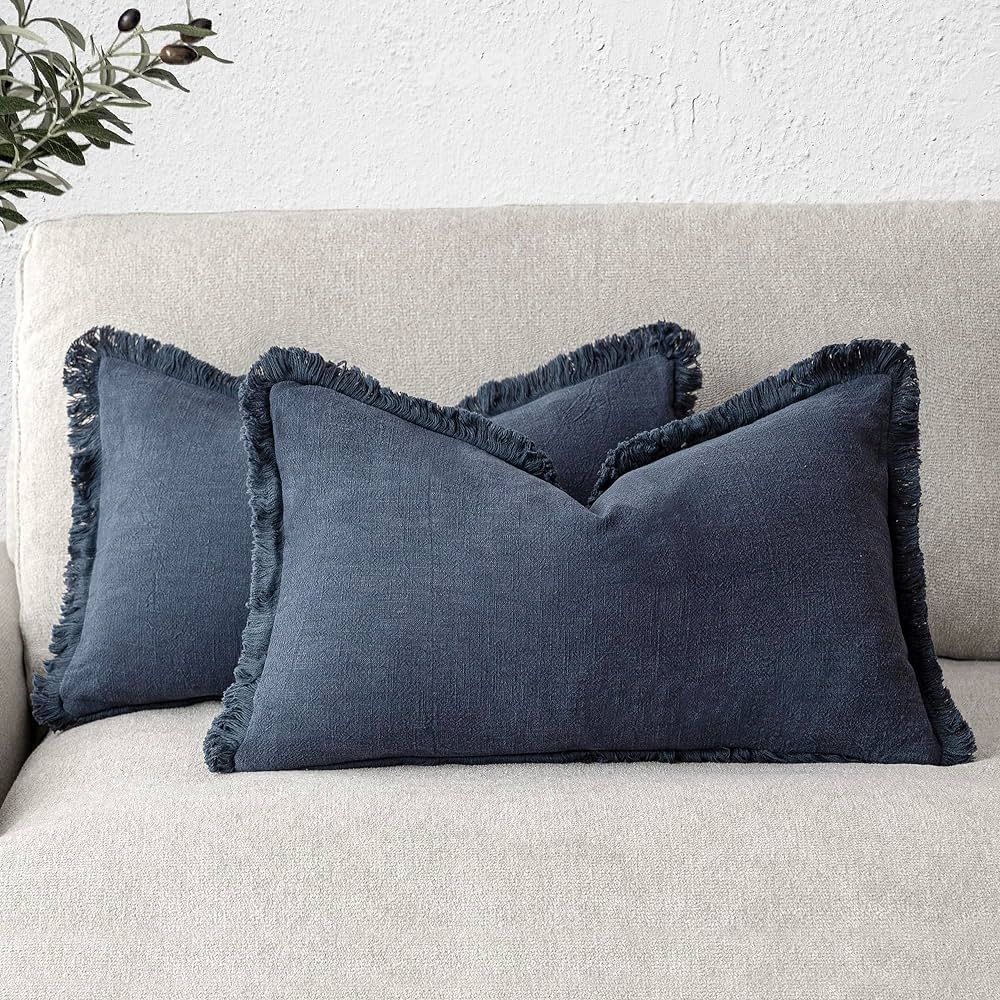 Foindtower Set of 2 Decorative Linen Fringe Lumbar Throw Pillow Covers Boho Farmhouse Cushion Cov... | Amazon (US)
