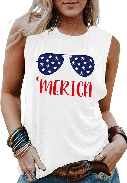 American Flag Tank Tops Women Sunglass Graphic Tees Shirts Casual Sleeveless 4th of July Shirt To... | Amazon (US)