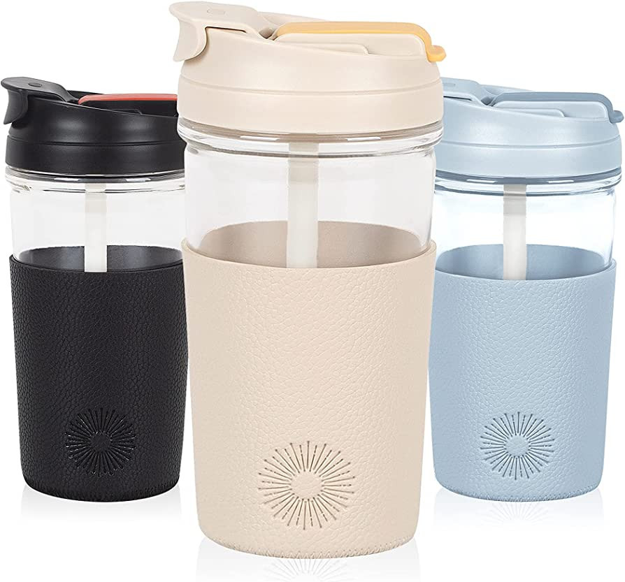 Lucle Glass Tumbler Water Bottle (18oz) with Straw, Dual Lid and Leather Sleeve – BPA Free (Bei... | Amazon (US)