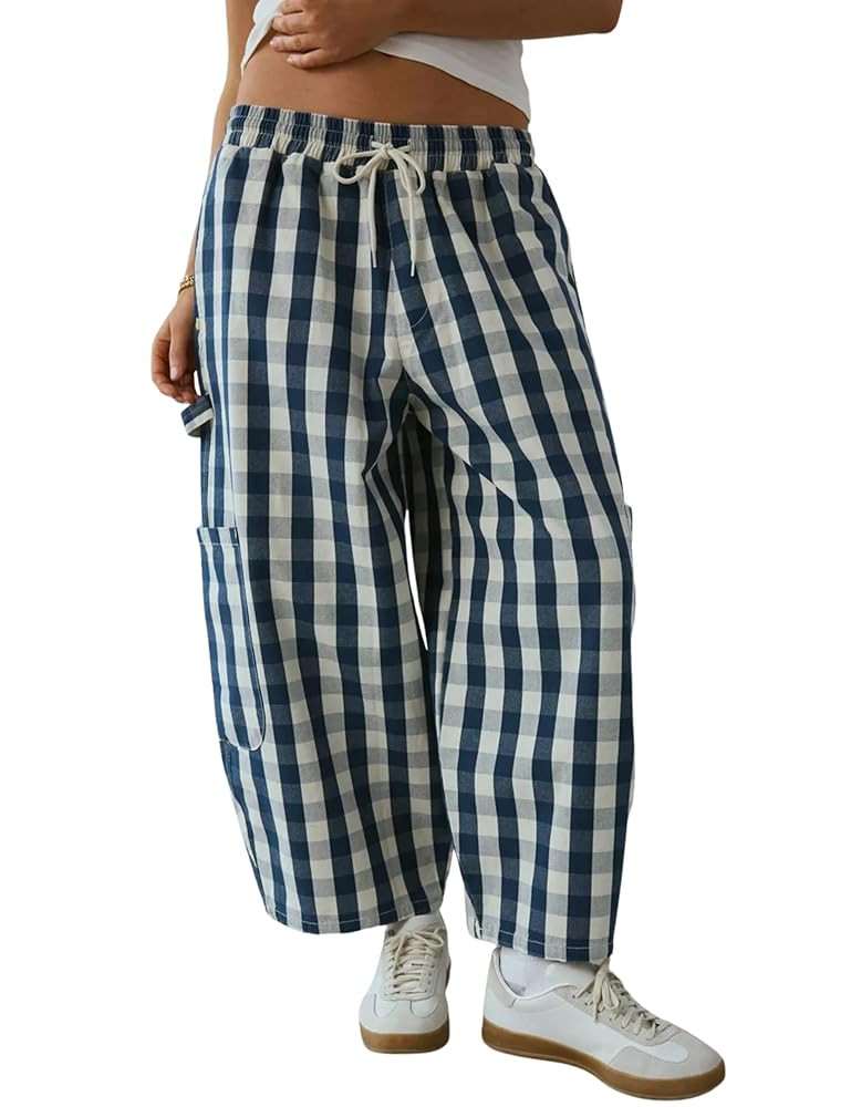Omoone Wide Leg Barrel Sweatpants Women Gingham Print Crop Baggy Pants High Waisted Cotton Trouse... | Amazon (US)