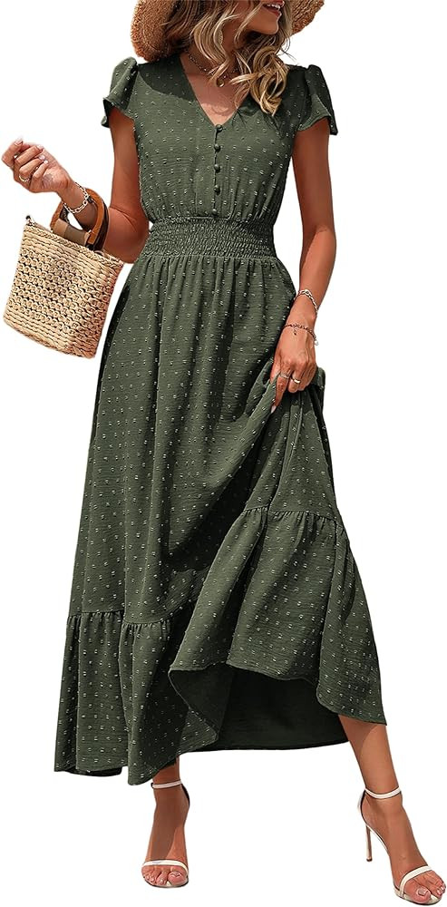 PRETTYGARDEN Womens Dresses 2025 Summer Maxi Dress Boho Short Sleeve V Neck Swiss Dot Ruffle Tier... | Amazon (US)