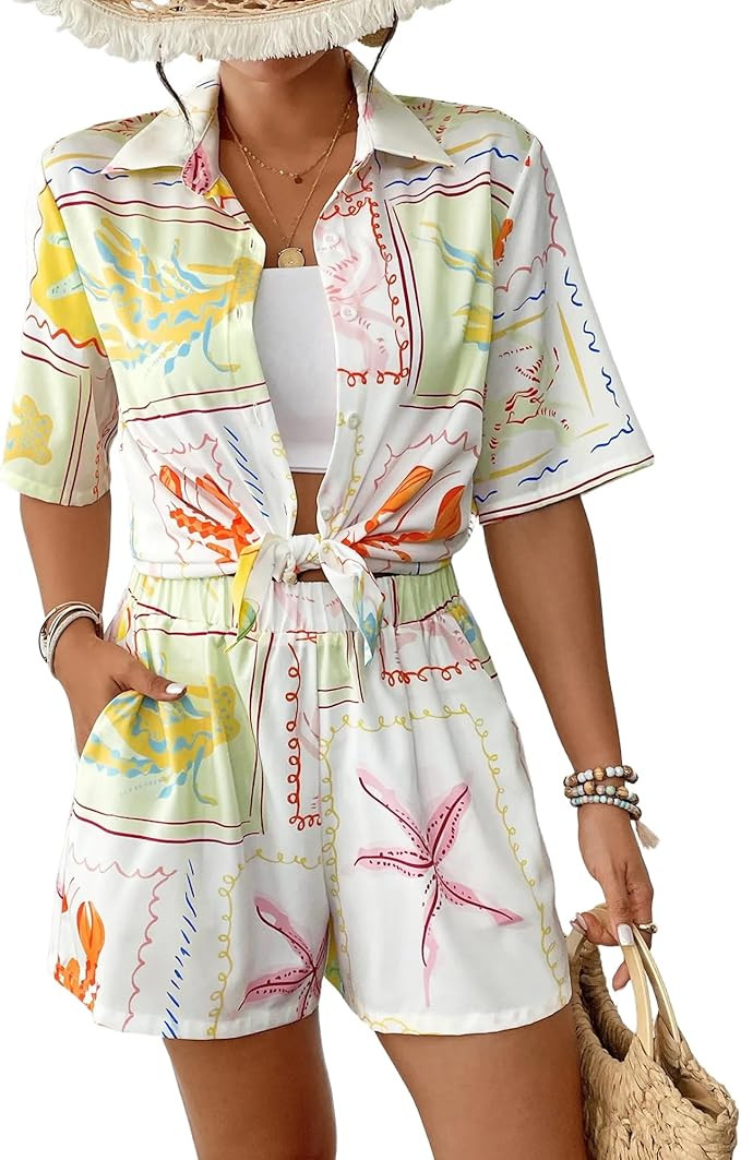 Bsubseach Women 2 Piece Outfits Sets Summer Beach Vacation Shorts Set Tropical Short Sleeve Shirt... | Amazon (US)