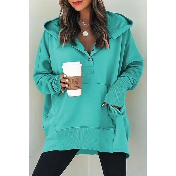 Sidefeel Women Button V Neck Hoodies Casual Oversized Pullover Sweatshirt Henley Hooded Tops with... | Walmart (US)