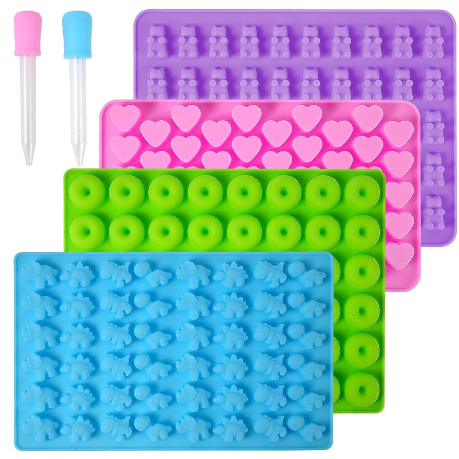 Silicone Gummy Bear Molds,4Pcs Non-stick Chocolate Candy Molds with 2 Droppers Including Mini Din... | Amazon (US)