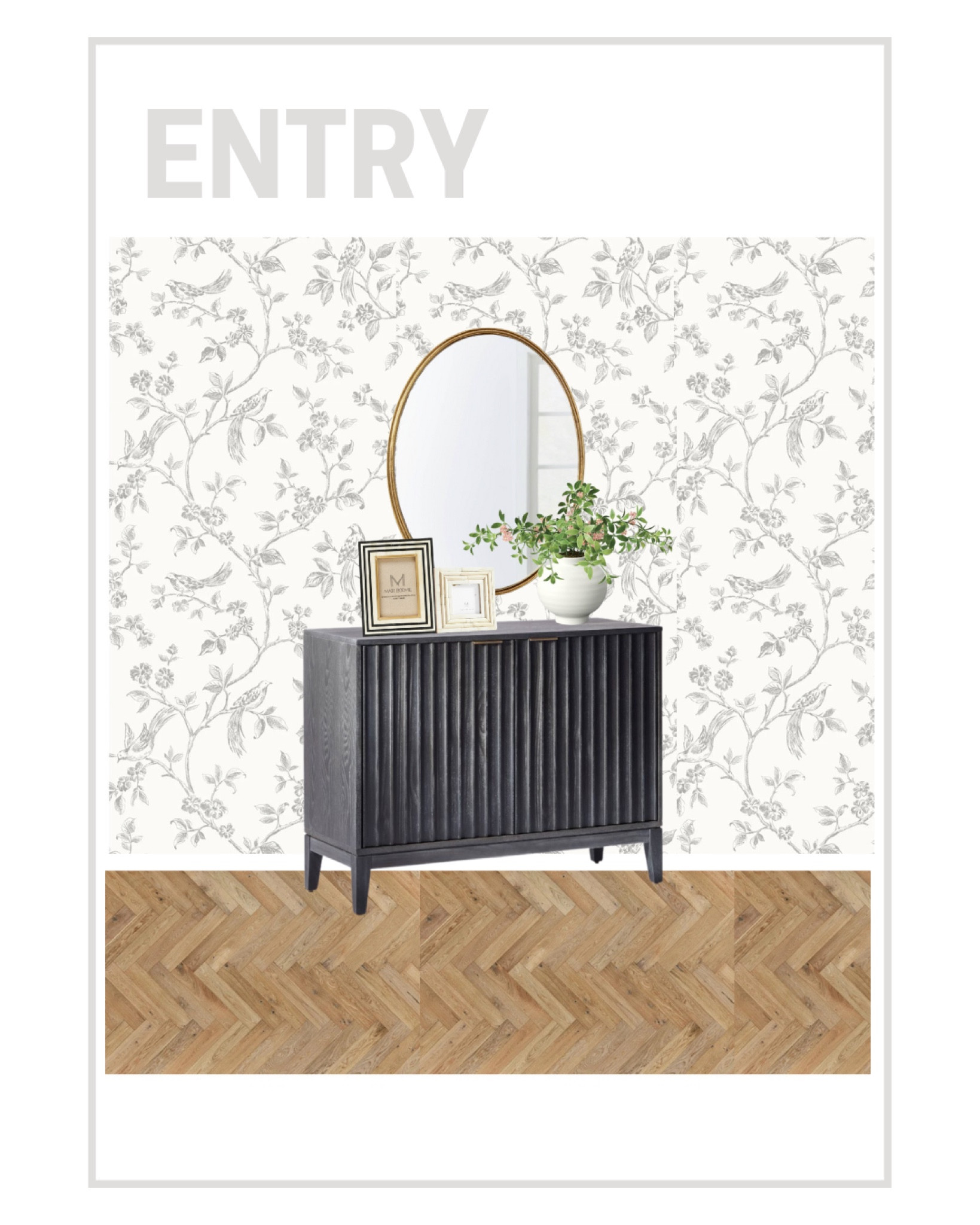 Entry mood board ✨ herringbone flooring, cabinet, dresser, oval mirror, picture frames, wall paper, bedroom, home decor, home design, affordable home

#LTKunder50 #LTKunder100 #LTKhome