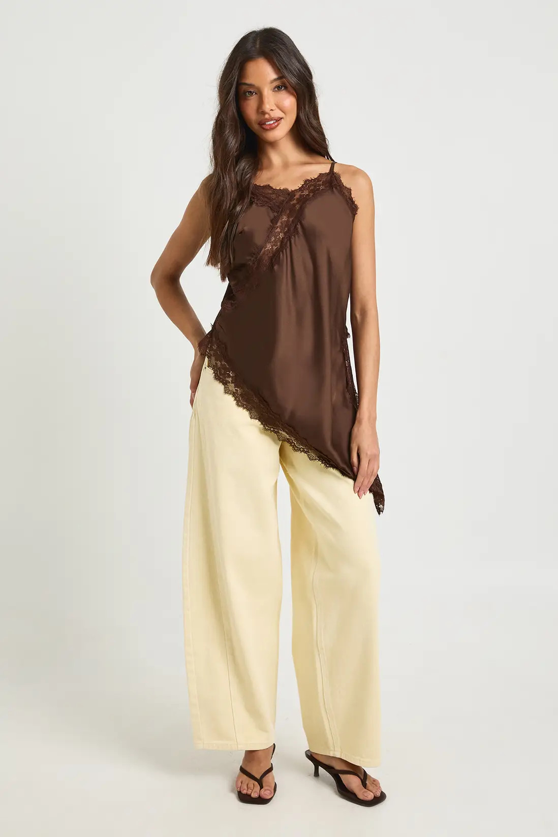 Chocolate Satin Lace Longline Cami | Boohoo USA | boohoo (US & Canada)