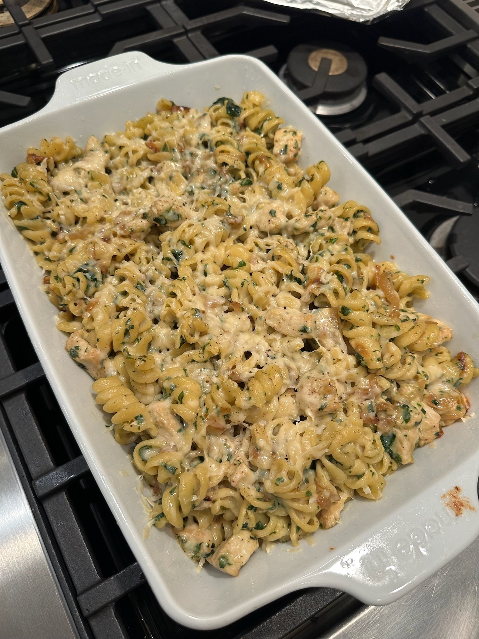 my caramelized onion spinach chicken pasta bake in my go-to baking pan 

#LTKHome
