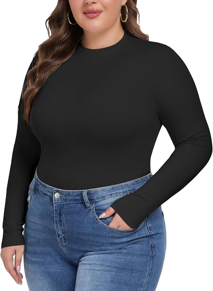 COOTRY Women's Plus Size Long Sleeve Shirts Crew Neck Slim Fitted Basic Tops Fall Clothes | Amazon (US)