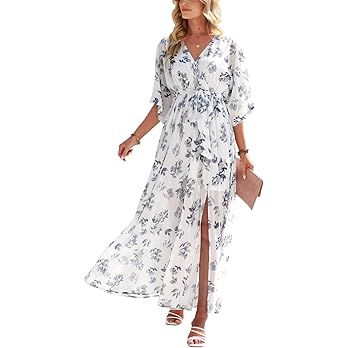 ANRABESS Women’s Summer Loose Kimono Maxi Dress Wrap V Neck 3/4 Sleeve Floral Print Slit Long D... | Amazon (US)