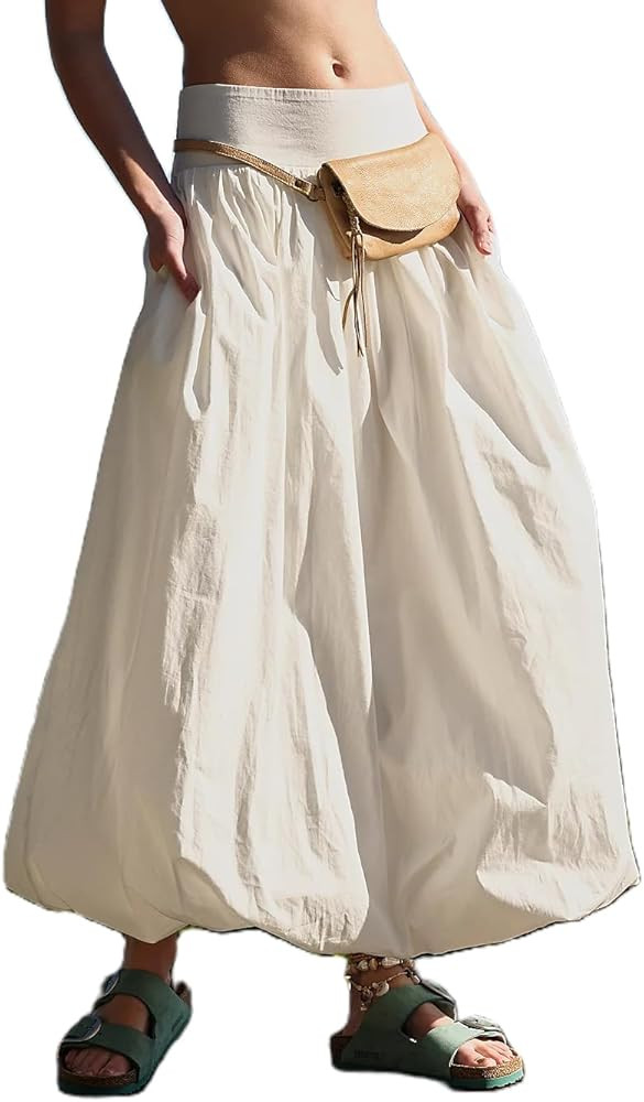 NUFIWI Women Y2k Bubble Maxi Skirt Low Elastic Waist A Line Long Skirt Summer Casual Ruffle Pleat... | Amazon (US)