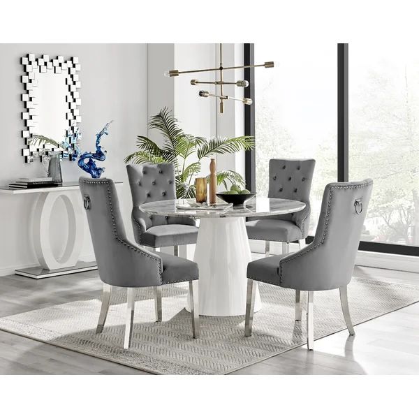 Edward Statement Marble Effect Pedestal Dining Table Set with 4 Velvet Upholstered Dining Chairs | Wayfair North America