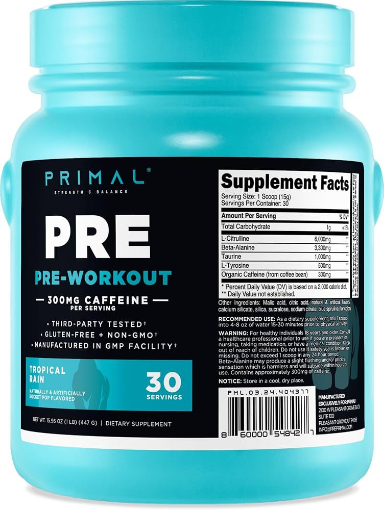 Primal Pre-Workout Tropical Rain Rocket Pop Flavored (30 Servings) - Gluten Free & Non-GMO | Amazon (US)