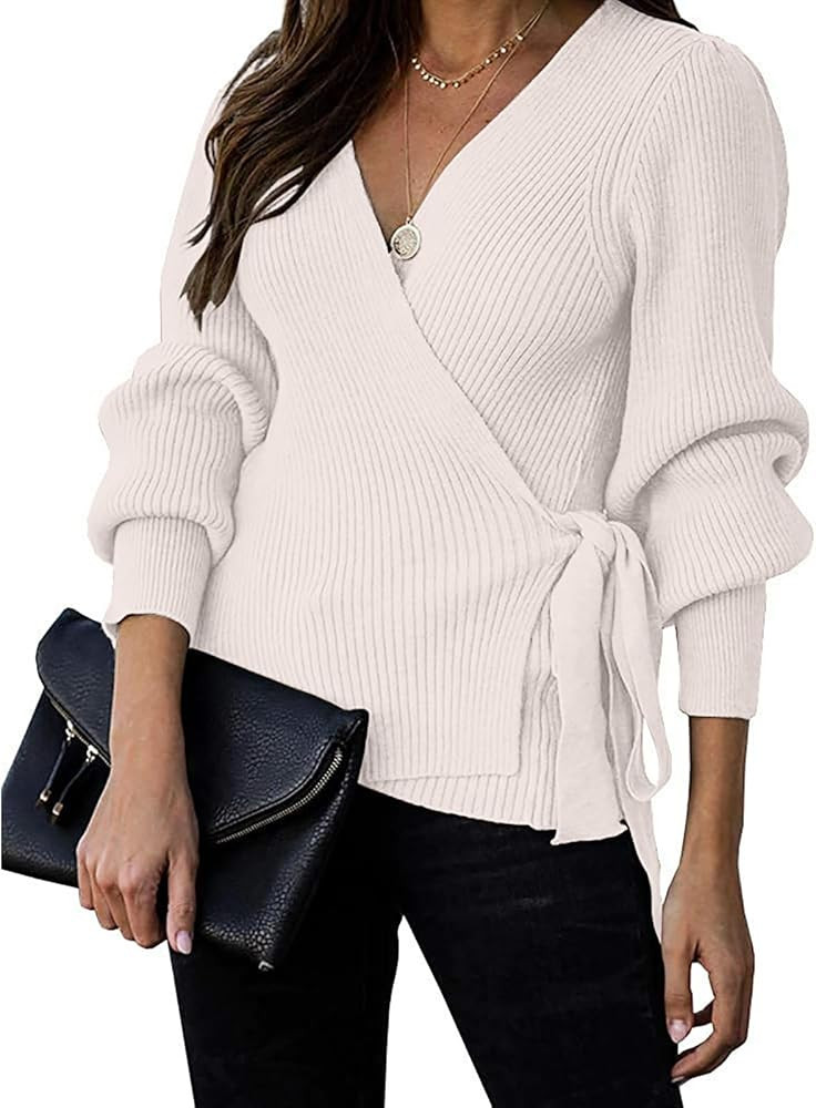 Women's Fall Wrap V Neck Long Batwing Lantern Sleeve Pullover Belted Waist Tie Knot Ribbed Knitte... | Amazon (US)