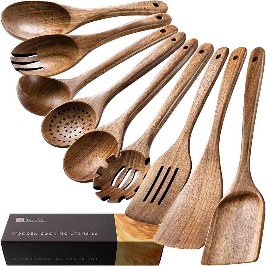 Wooden Spoons for Cooking, Nonstick Cooking Utensil Set with 9 Piece Acacia Wooden Spatulas and S... | Amazon (US)