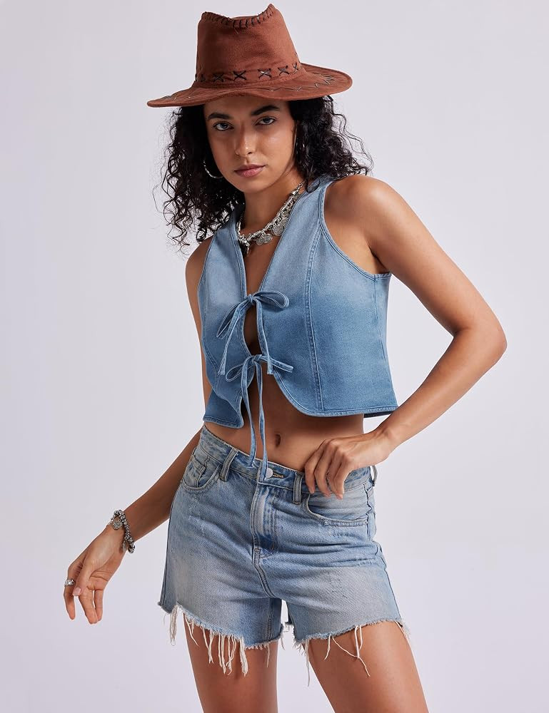 Womens Denim Vest Crop V Neck Denim Top Summer Tie Front Jean Vest | Amazon (US)