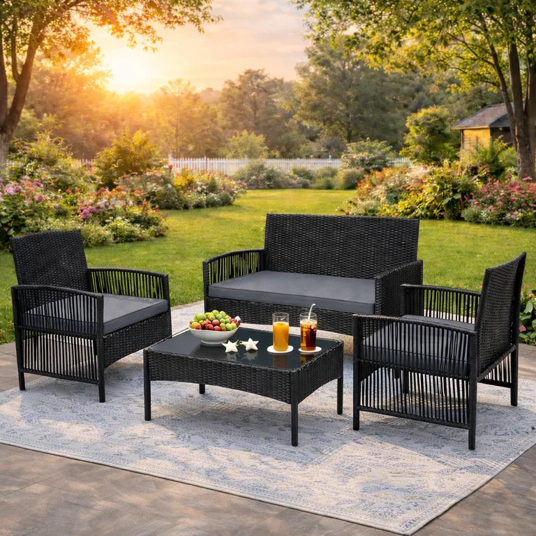 Outdoor Furniture Set, Segmart 4 Pieces Rattan Patio Sofa Set Cushioned Sofa & Charis, Deck Porch... | Walmart (US)
