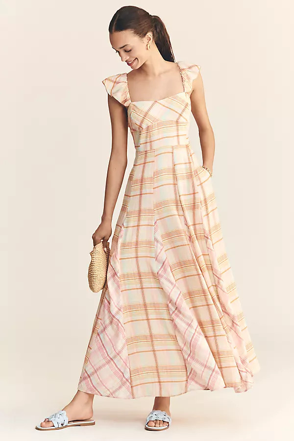 Maeve Linen Blend Flutter-Sleeve A-Line Midi Dress | Anthropologie (US)