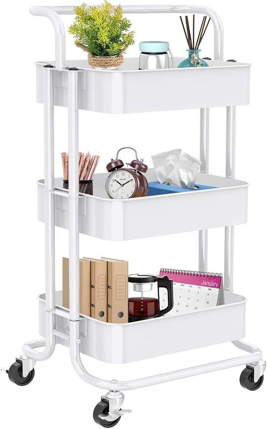 3 Tier Mesh Utility Cart, Rolling Metal Organization Cart with Handle and Lockable Wheels, Multif... | Amazon (US)