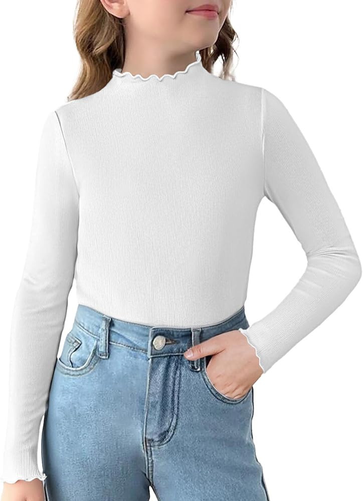 Arshiner Girls Lettuce Trim Mock Neck Long Sleeve Shirts Ribbed Knit Slim Fit Base Layer Tops Tee... | Amazon (US)