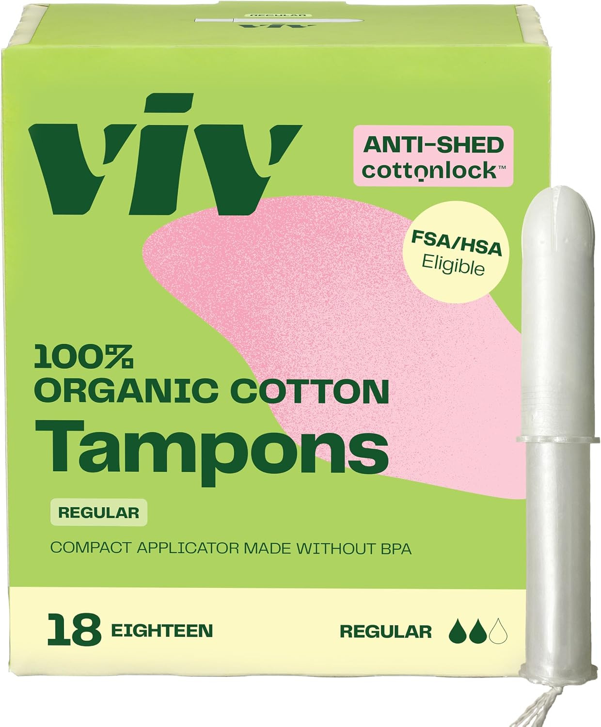 Viv for Your V Organic Cotton Tampons Regular, BPA-Free Applicator, Non-Toxic Tampons, Fragrance Free, HSA FSA Approved, 18 Count | Amazon (US)