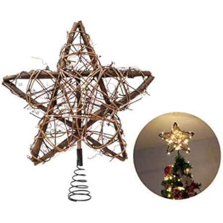 Christmas Star Tree Topper,12" Rattan 3D Star Tree Topper,Rustic Rattan Natural Star Built in 10 Bul | Amazon (US)