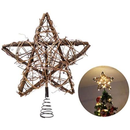 Christmas Star Tree Topper,12" Rattan 3D Star Tree Topper,Rustic Rattan Natural Star Built in 10 Bul | Amazon (US)