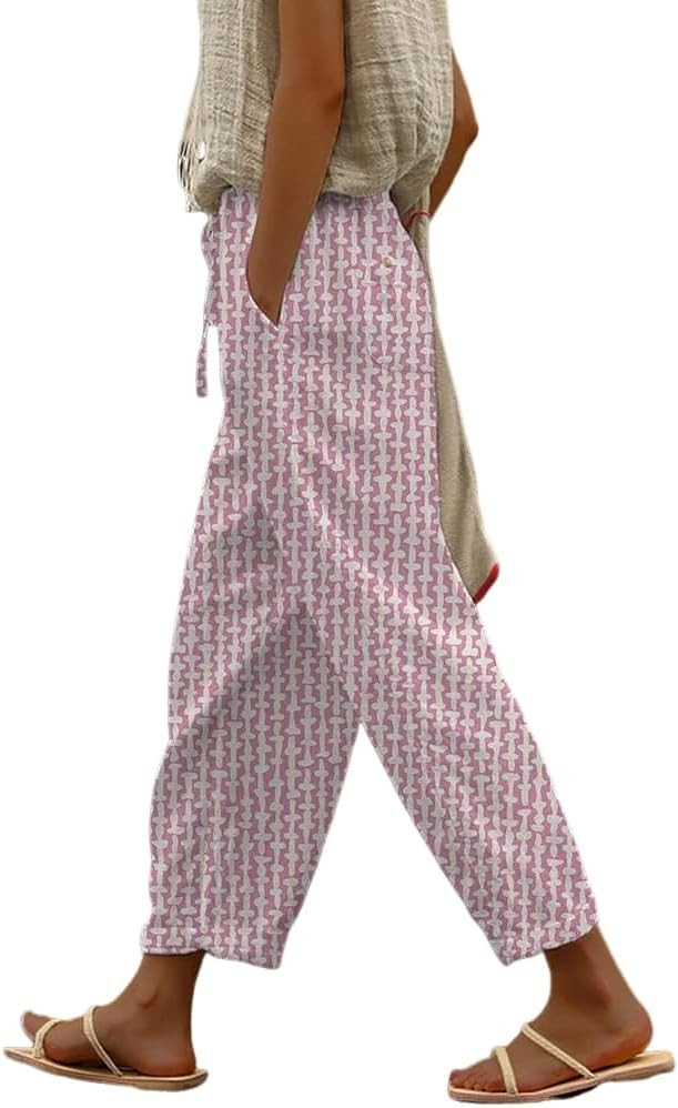 TIAFORD Womens Floral Prirted Linen Pants Summer Beach Relaxed Fit Straight Leg Crop Trousers wit... | Amazon (US)