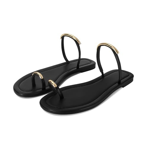 SOVANYOU Toe Ring Sandals For Women Black Strappy Flat Sandals Toe Loop Slip-on Slide Sandals Open Toe Comfortable Summer Shoes | Amazon (US)