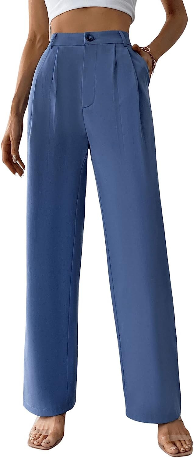 SweatyRocks Women's Casual Wide Leg High Waisted Button Down Straight Long Trousers Pants | Amazon (US)