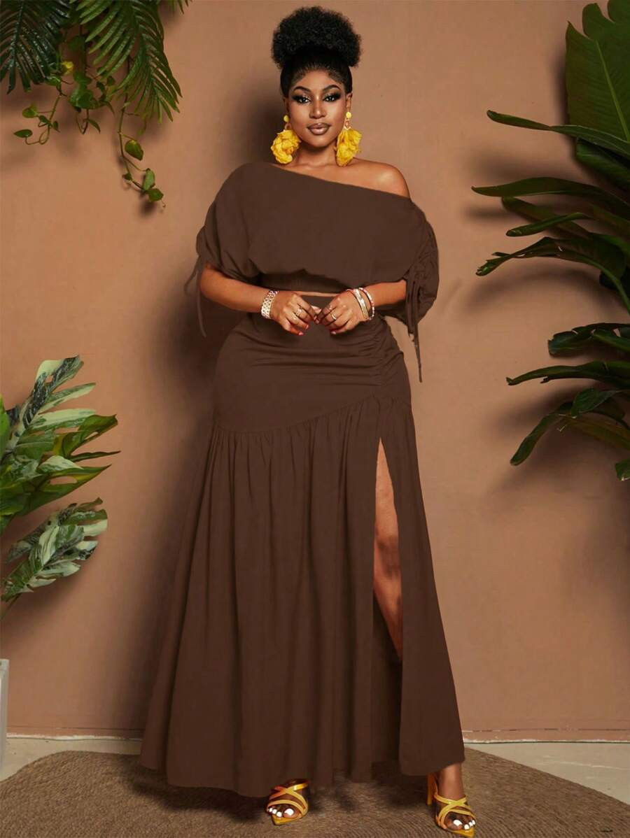 Maweii Plus Size Women Beach Resort Casual Solid Color Asymmetric Neck Top And Side Slit Skirt 2 ... | SHEIN