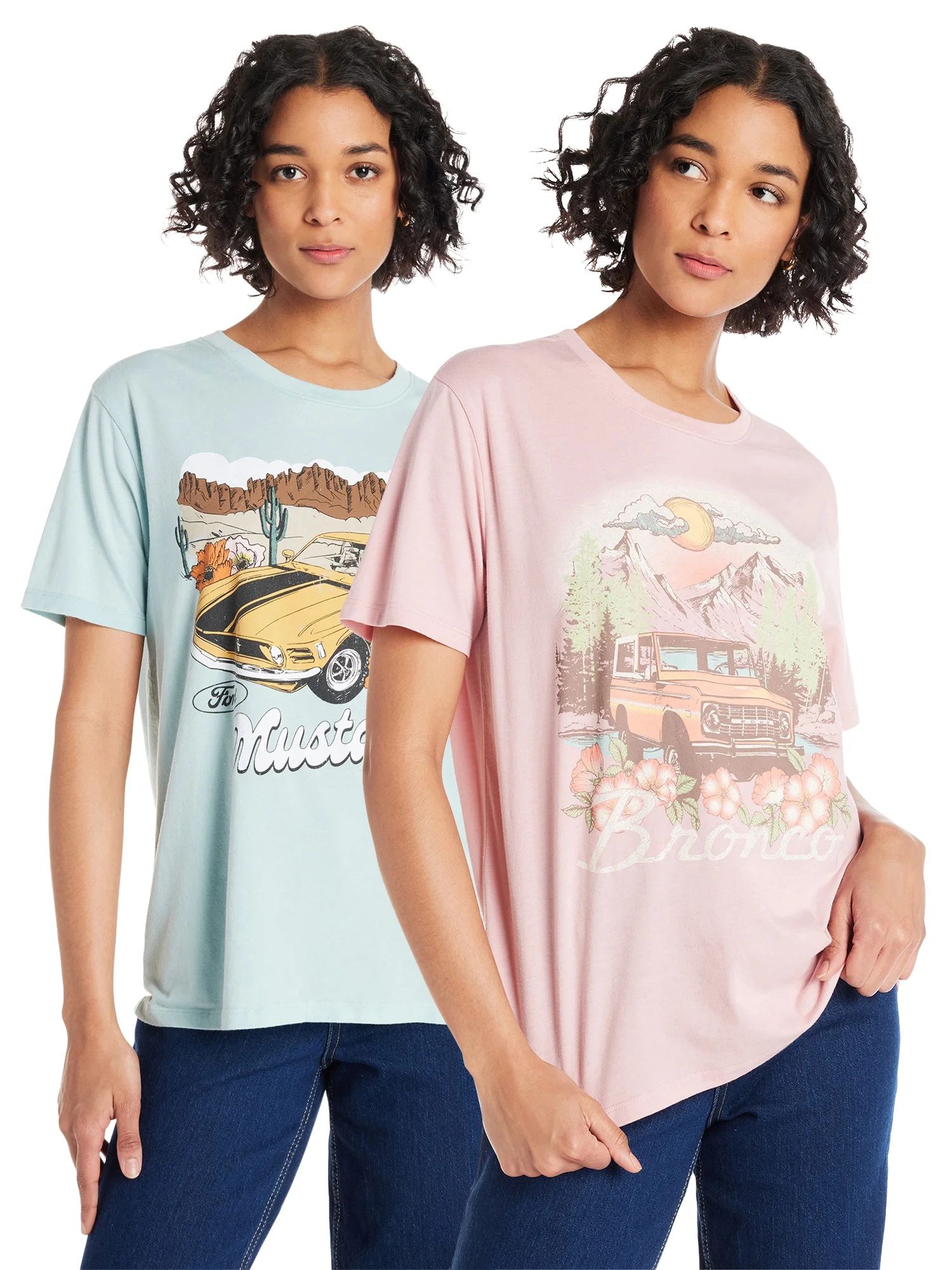 Time And Tru Women's Ford Bronco and Desert Mustang Graphic 2-pack Tees with Short Sleeves, Sizes... | Walmart (US)