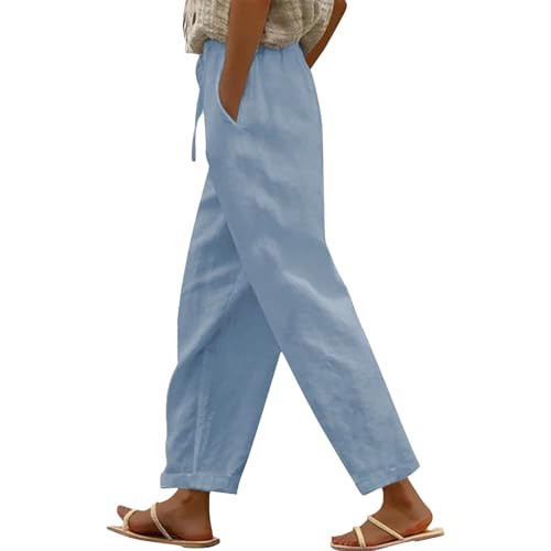 Plus Size Linen Pants for Women Cotton Linen Pants Women 2026 Spring Summer Plus Size Elastic High Waisted Straight Leg Pant Casual Boho Beach Loose Cropped Trousers with Pockets Sky Blue | Amazon (US)