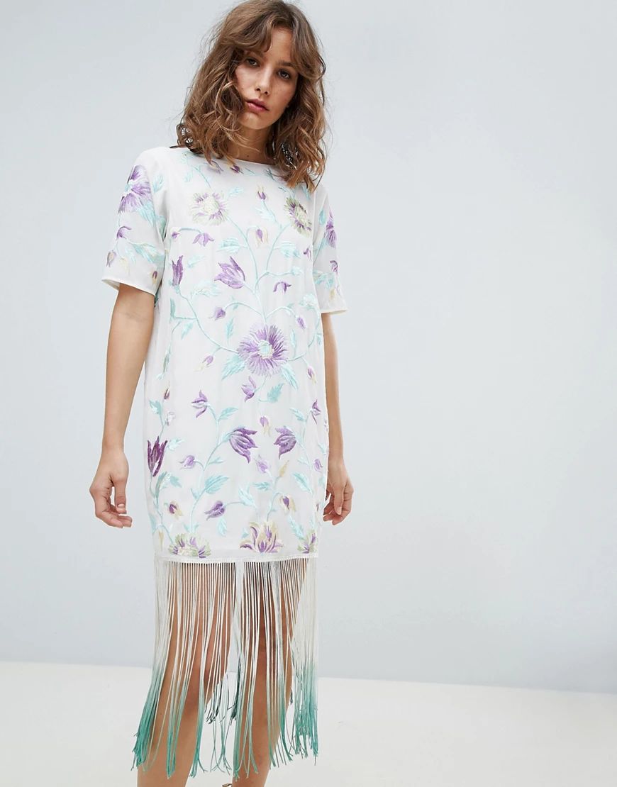 ASOS DESIGN Embroidered Midi Dress With Tie Dye Fringe-Multi | ASOS (Global)