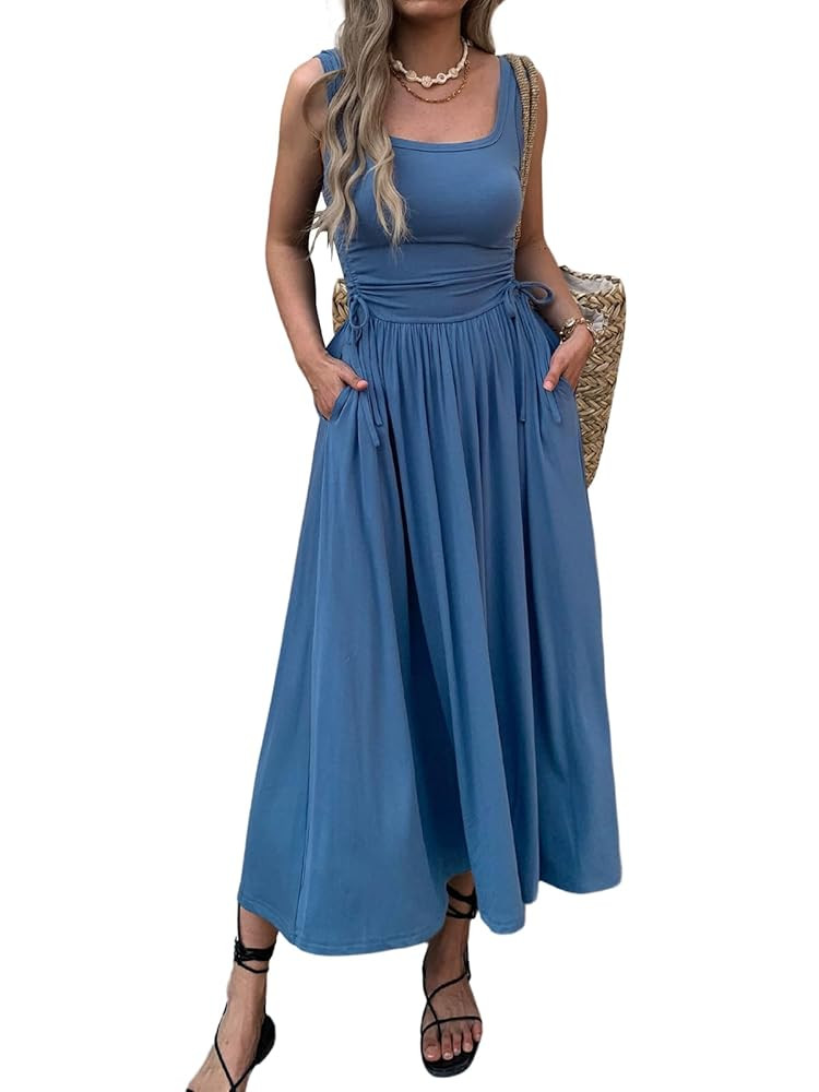 Women’s Boho Summer Maxi Dress with Pockets, Adjustable Waist, Sleeveless Casual Ruched Sundres... | Amazon (US)