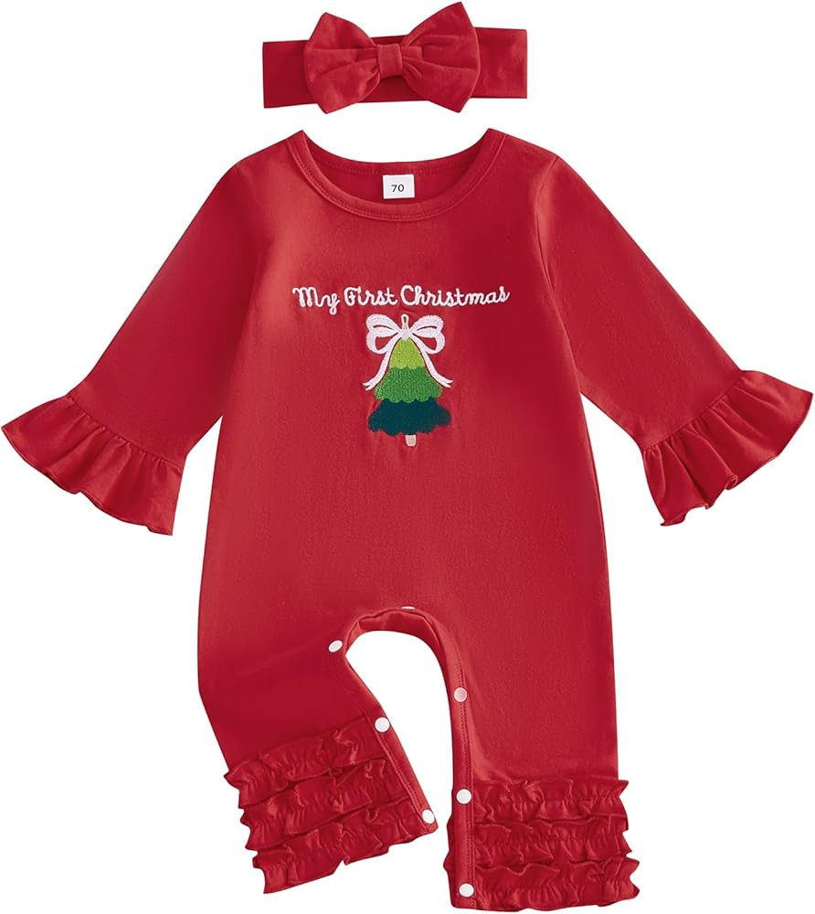 Muasaaluxi Newborn Baby Girl Christmas Outfit Long Sleeve My First Christmas Embroidery Romper Ju... | Amazon (US)
