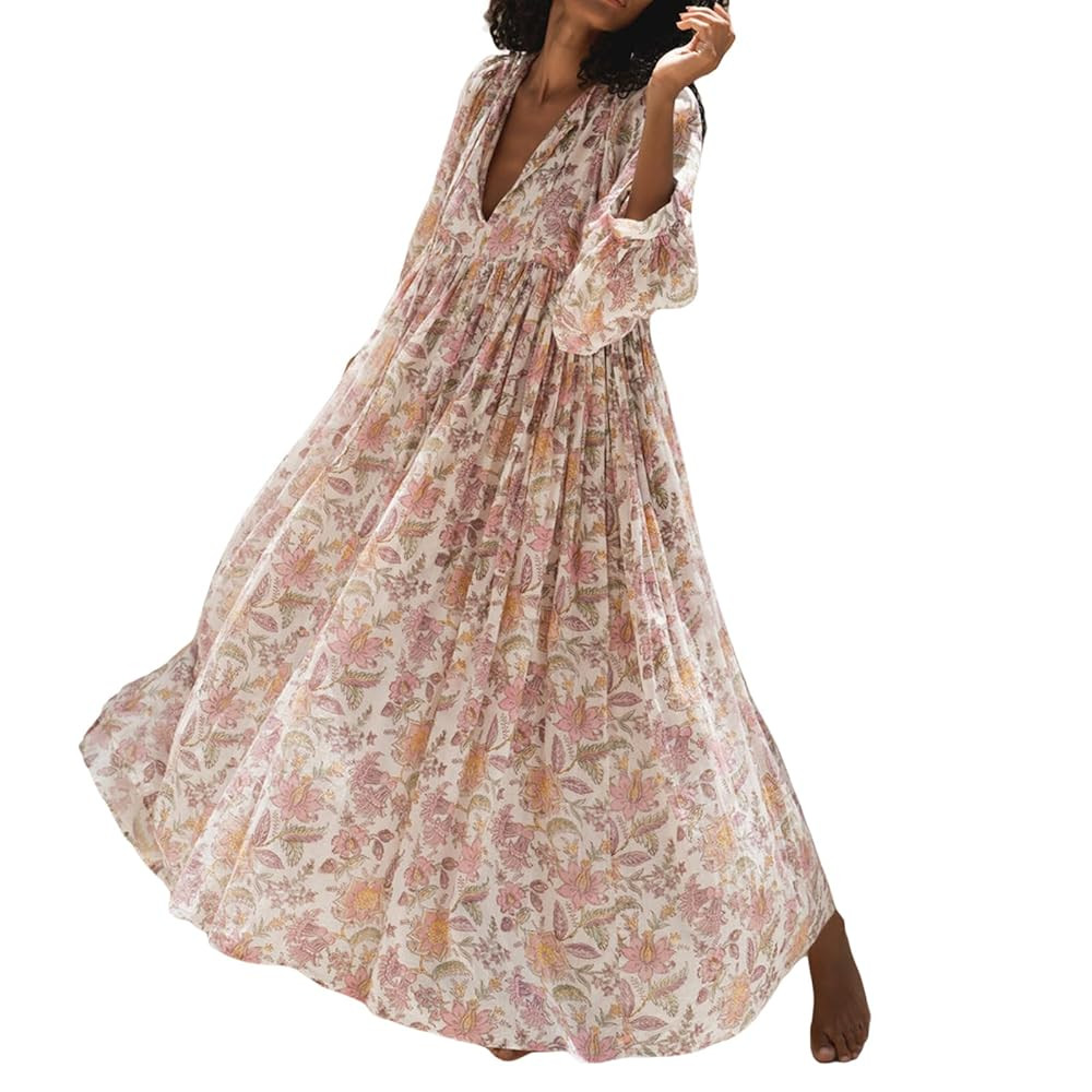 Women Floral Maxi Dress,y2k Boho Printed 3/4 Lantern Sleeve V Neck Dress Beach Loose Swing Sundre... | Amazon (US)