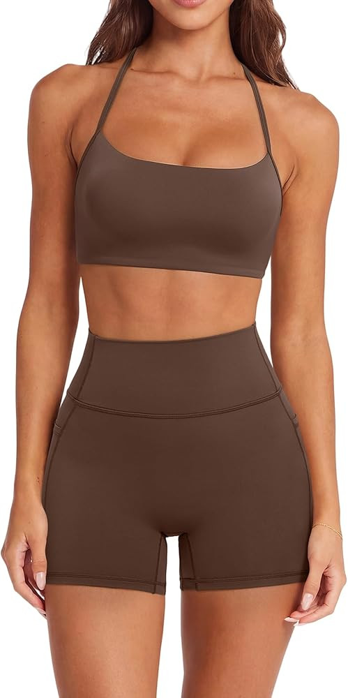 SUUKSESS Women 2 Piece Workout Sets Padded Halter Sports Bras High Waisted Biker Shorts with Pock... | Amazon (US)