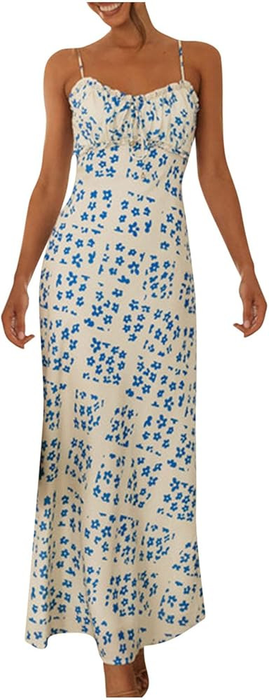 Womens Pleated Flowy Long Dress Belted A-Line Dress Summer Vacation Beach Long Dress Wedding Gues... | Amazon (US)