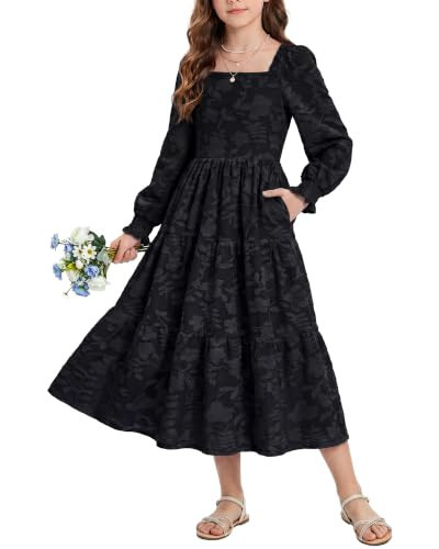 Girls Dress Kids Fall Long Sleeve Floral Smocked Back A-Line Pockets Dresse | Amazon (US)