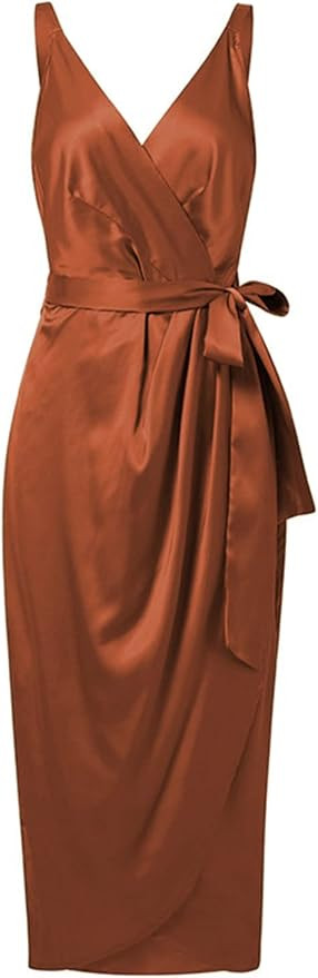 LYANER Women's Satin V Neck Ruched Wrap Sleeveless Tie Waist Slit Hem Cocktail Midi Dress | Amazon (US)