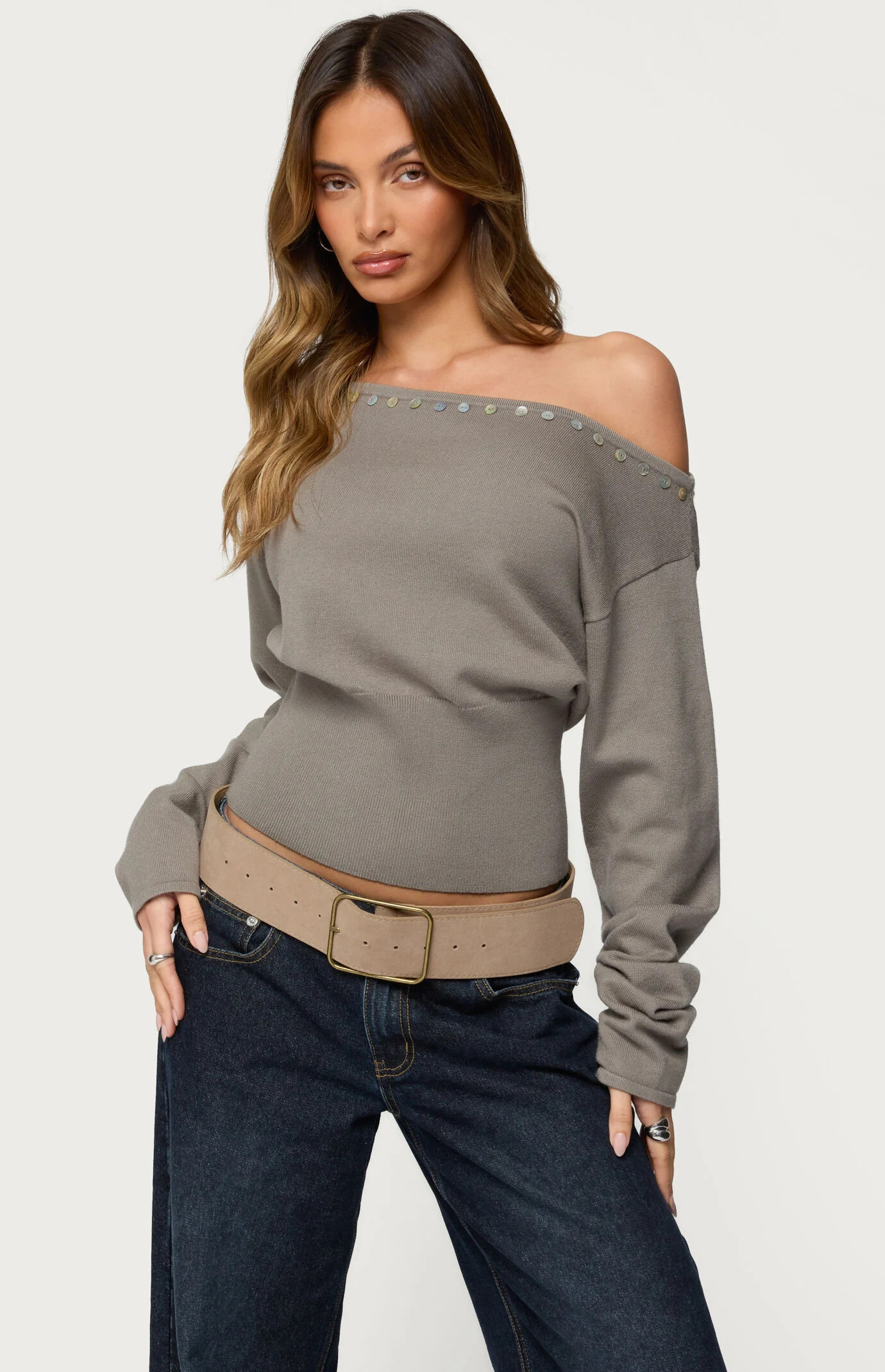 Edikted Women's Carmela Iridescent Button Off-The-Shoulder Sweater in Olive - Size XL | PacSun