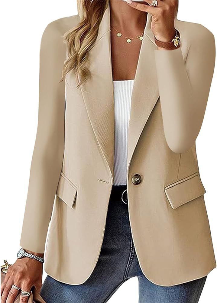 Women's Blazer Bussiness Casual Blazers Long Sleeve Button Down Blazer Jacket Solid Lapel Suite J... | Amazon (US)