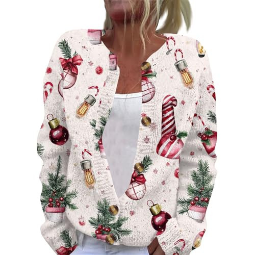 Christmas Sweater for Women Plus Size Button-Up Cardigan Sweaters Funny Cute Santa Print Xmas Sweater Winter Warm Cozy Cable Knit Cardigans Long Sleeves Casual Knitted Coat Ugly Christmas Sweaters | Amazon (US)