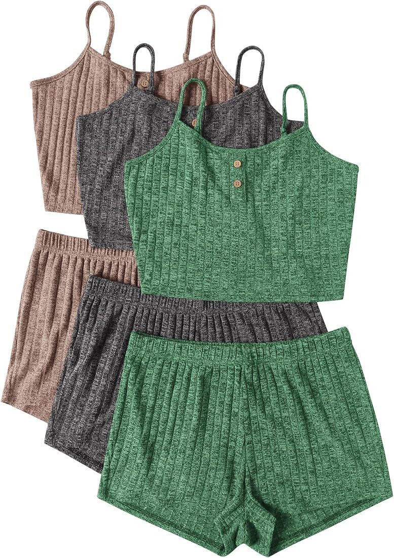 Ekouaer 3 Sets for Women Ribbed Pajamas Crop Cami Top and Shorts Pjs Casual Sleeveless Button Lou... | Amazon (US)