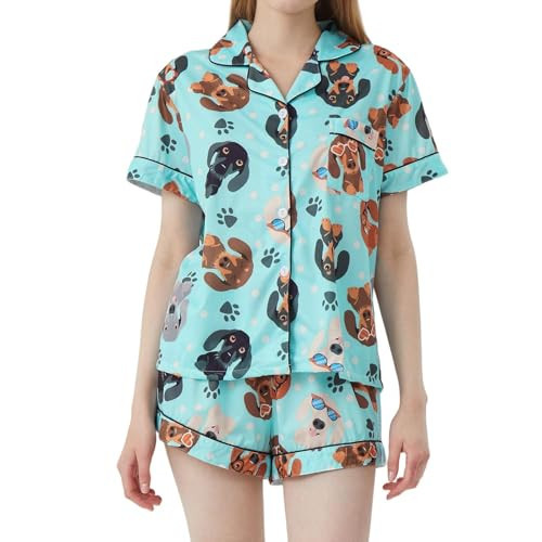 Navisting Dachshund Pajamas for Women, Animal Print Pajamas 2 Piece Pajama Set Women Short Sleeve Button Down Sleepwear Cute Print Loungewear Lapel Shirt Pj Girls Short Set Blue Dachshund 2XL | Amazon (US)
