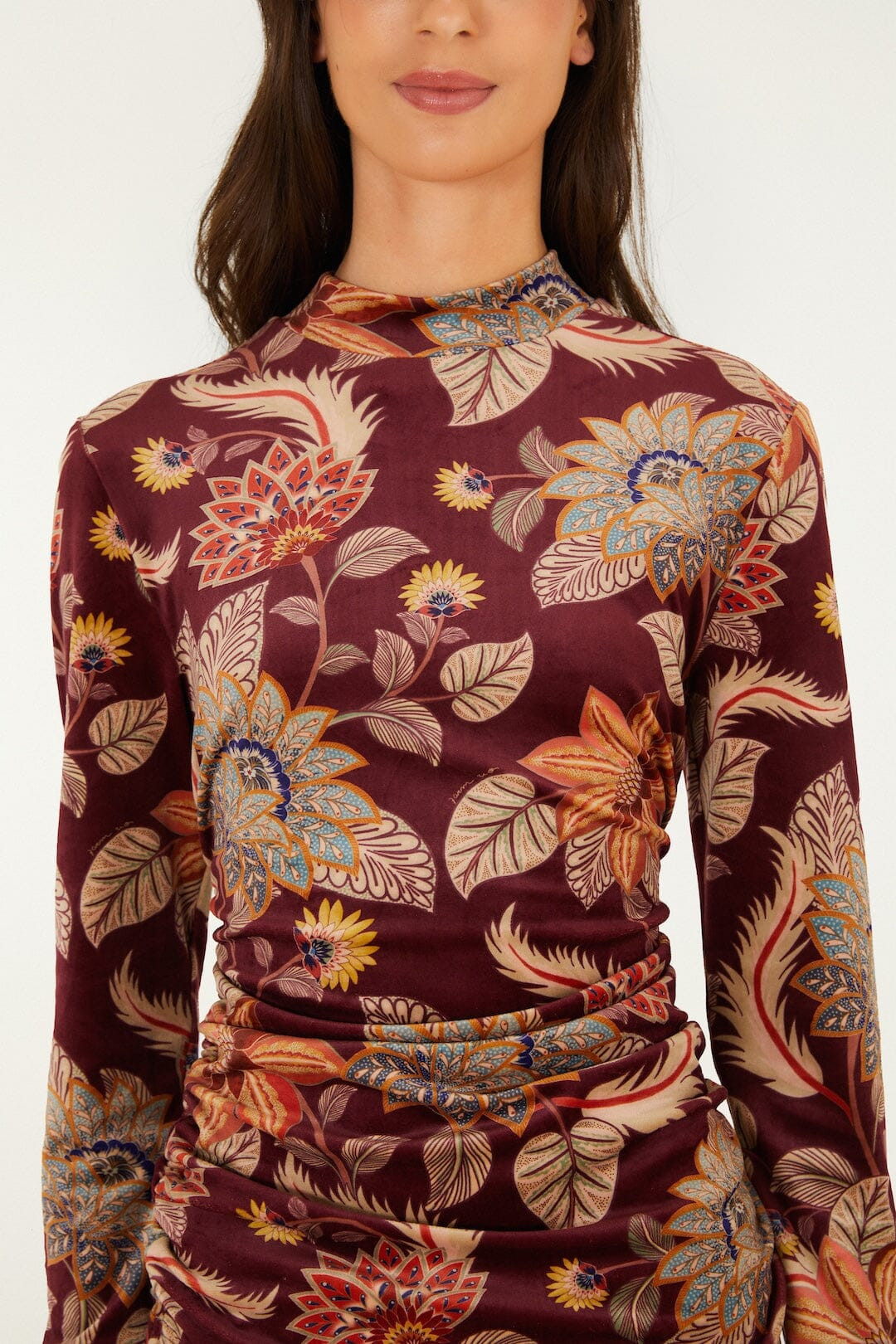 Delhi Floral Velvet Jersey Blouse, DELHI FLORAL BURGUNDY / S | FarmRio (US)