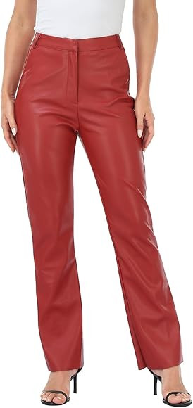 HDE Women's Faux Leather Pants High Waisted Straight Leg Trousers with Pockets | Amazon (US)