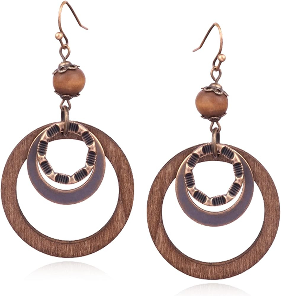Handmade Lightweight Vintage Bohemian Bronze Bamboo Circle Hoop Dangle Drop Earrings With Nature ... | Amazon (US)