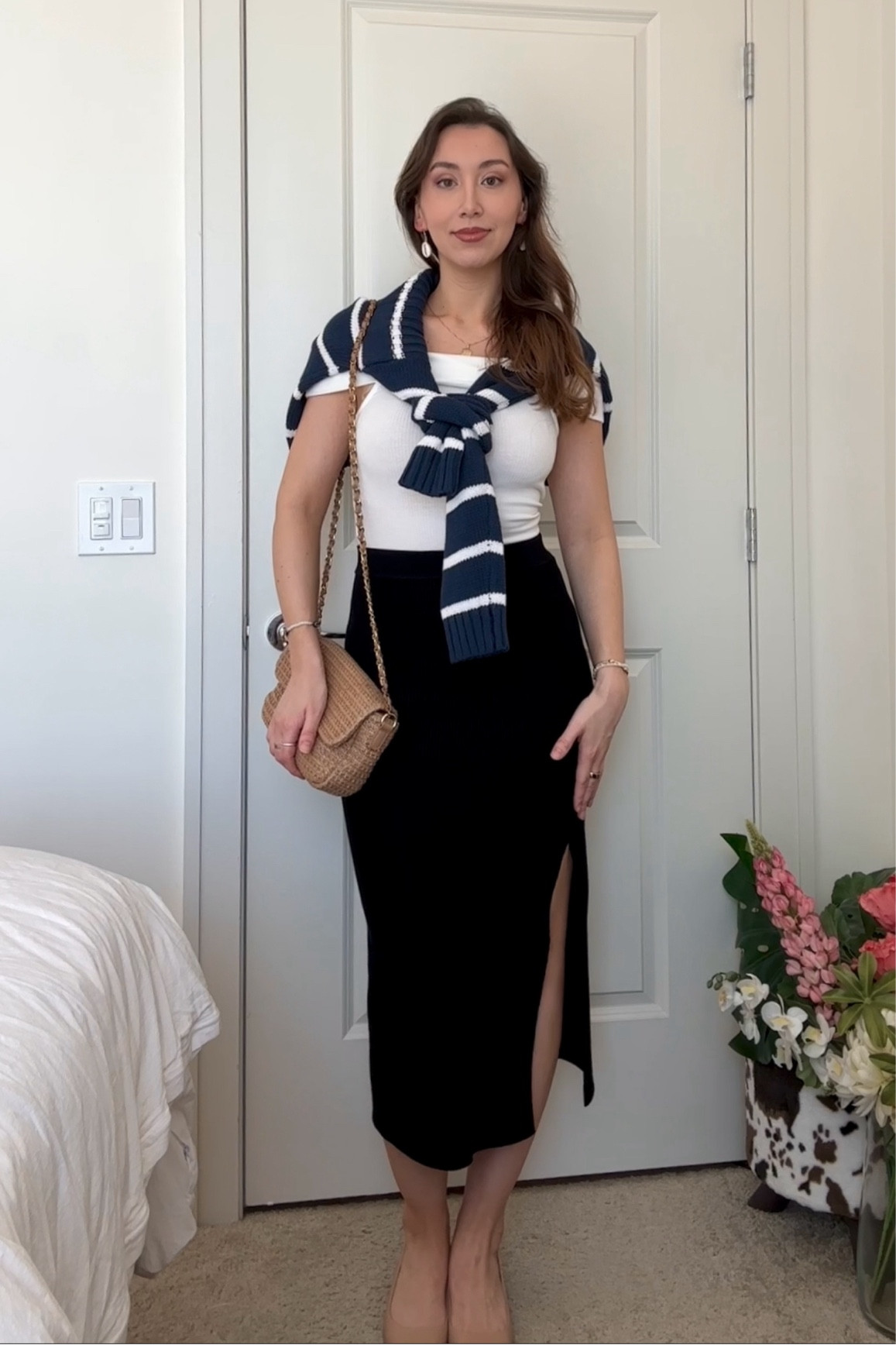 • striped boatneck sweater: lucky brand (s)
• white ribbed off the shoulder top: lucky brand (s)
• black ribbed knit slit midi skirt: lucky brand (s)
• purse: justfab 
• nude pointed toe heels: amazon

[going out outfit, nautical style, coastal granddaughter, classy ootd, parisian fashion, dinner date ootn] 

#LTKFindsUnder50 #LTKStyleTip #LTKFindsUnder100